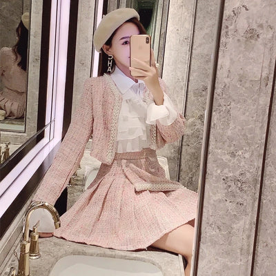 High Quality Women Autumn 3 Piece Sets Lady Fashion Elegant Slim Coat Skirt Shirt Three-piece Suit Tweed Sets Winter