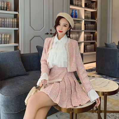 High Quality Women Autumn 3 Piece Sets Lady Fashion Elegant Slim Coat Skirt Shirt Three-piece Suit Tweed Sets Winter