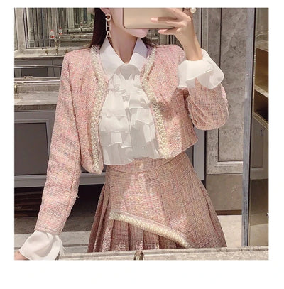 High Quality Women Autumn 3 Piece Sets Lady Fashion Elegant Slim Coat Skirt Shirt Three-piece Suit Tweed Sets Winter