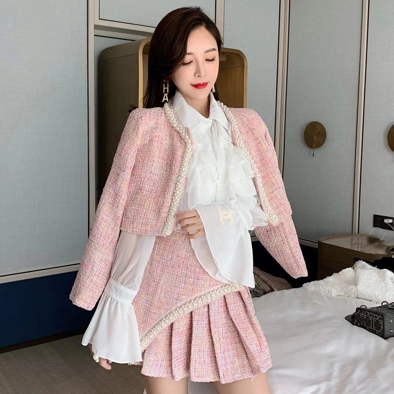 High Quality Women Autumn 3 Piece Sets Lady Fashion Elegant Slim Coat Skirt Shirt Three-piece Suit Tweed Sets Winter