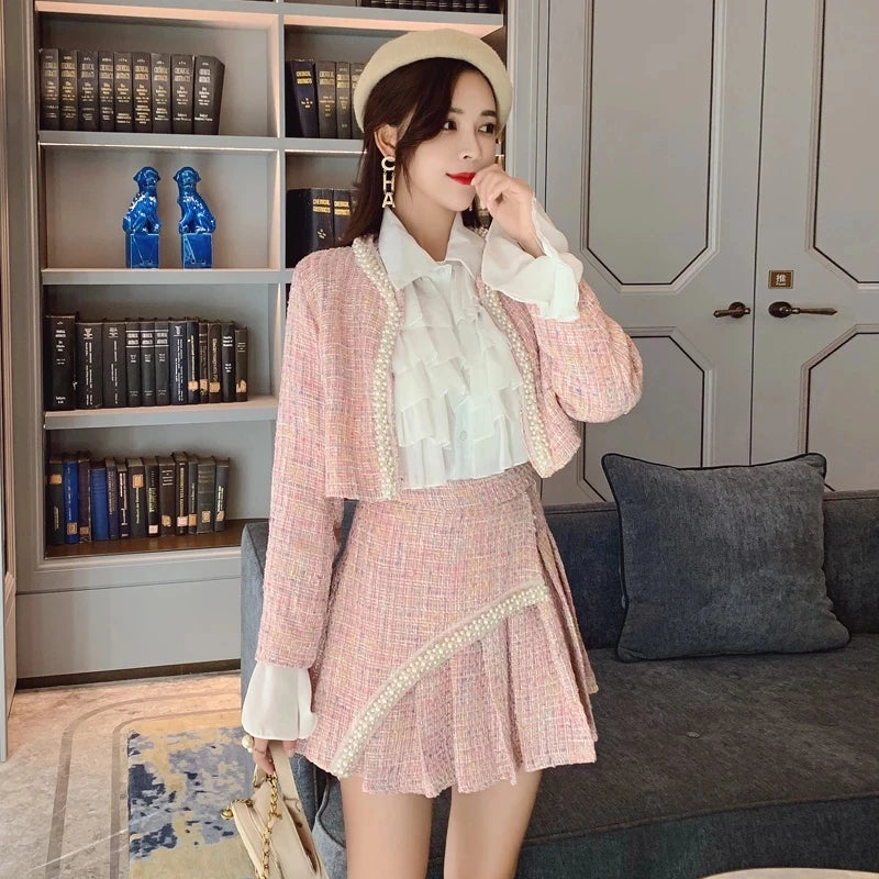 High Quality Women Autumn 3 Piece Sets Lady Fashion Elegant Slim Coat Skirt Shirt Three-piece Suit Tweed Sets Winter