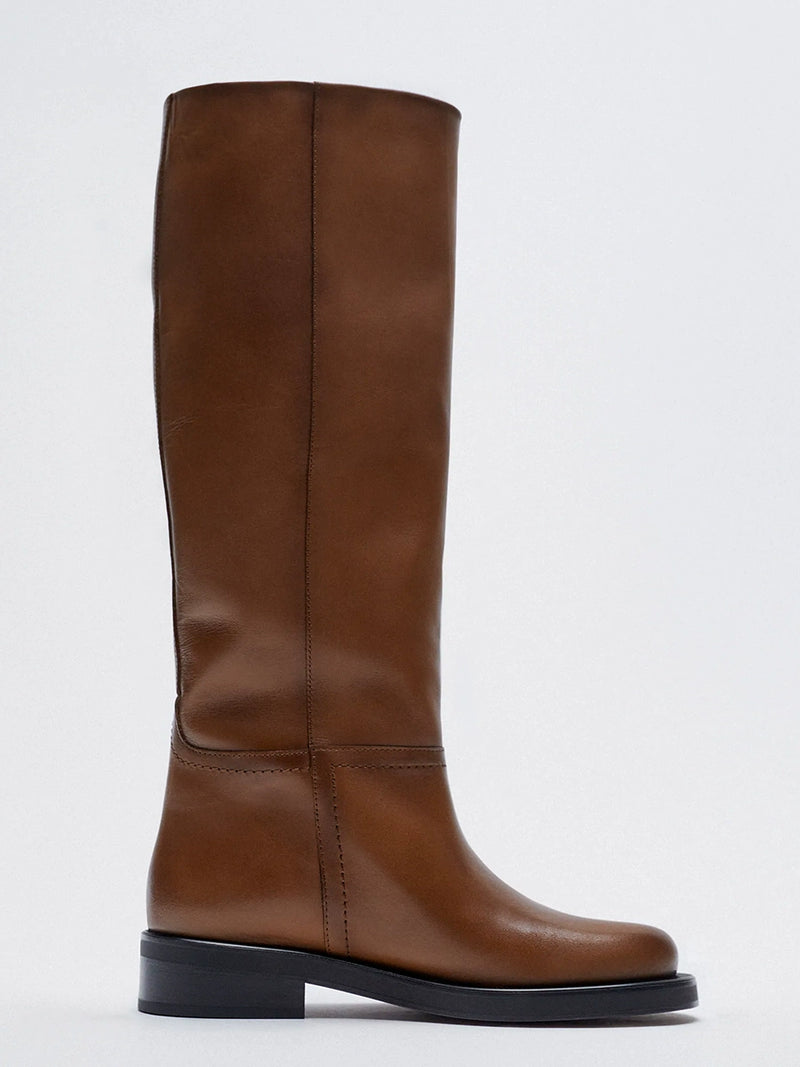 Retro Brown below the Knee Chunky Heel Slim-Fit Thigh-High Boots