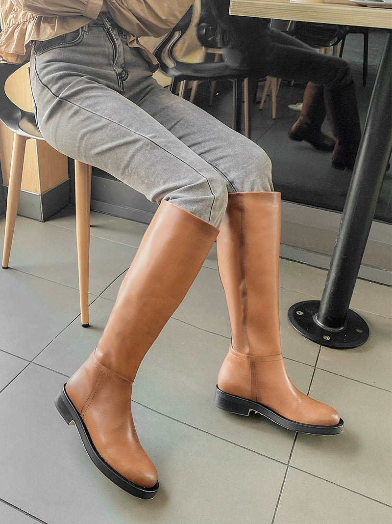 Retro Brown below the Knee Chunky Heel Slim-Fit Thigh-High Boots