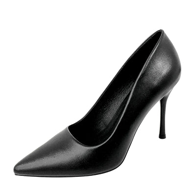 Hong Kong Style Trendy Brand Black Soft Leather Elegant Commuter High Heels