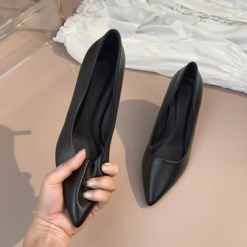 Hong Kong Style Trendy Brand Black Soft Leather Elegant Commuter High Heels