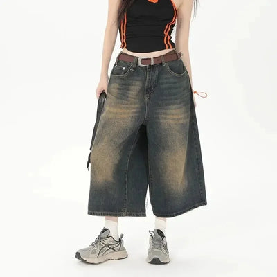 Women Y2k Style Baggy Denim Shorts Wide Leg Short Pants Fashion High Waisted Dark Wash Knee Length Loose Unisex Jeans Casual