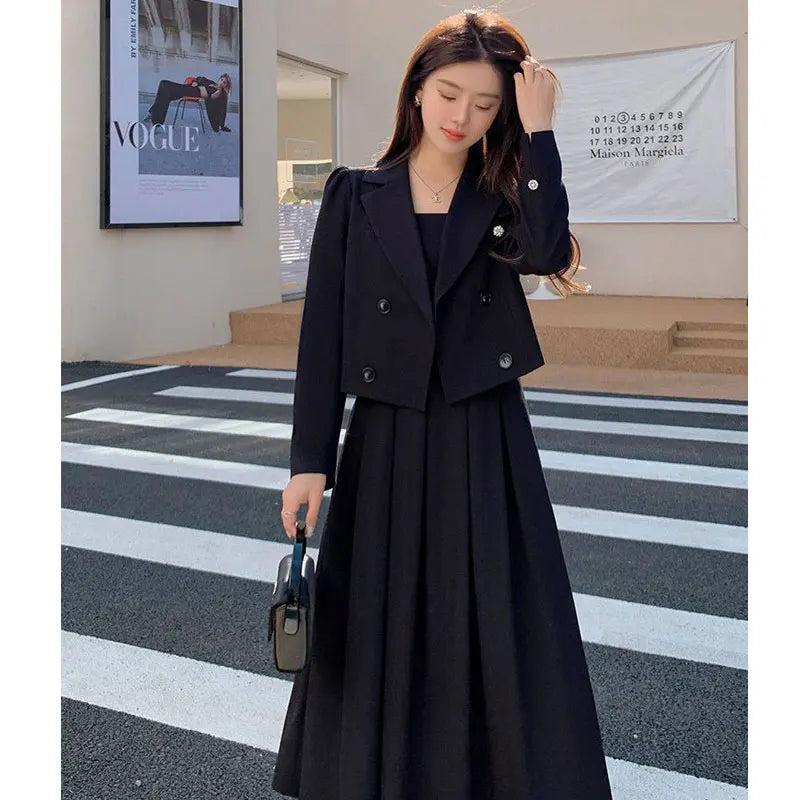 Autumn Korea Elegant Women Black Office Hepburn Suit Dress Casual Lapel  Blazer Coat Classic High Waist A Line  Pleated Dress