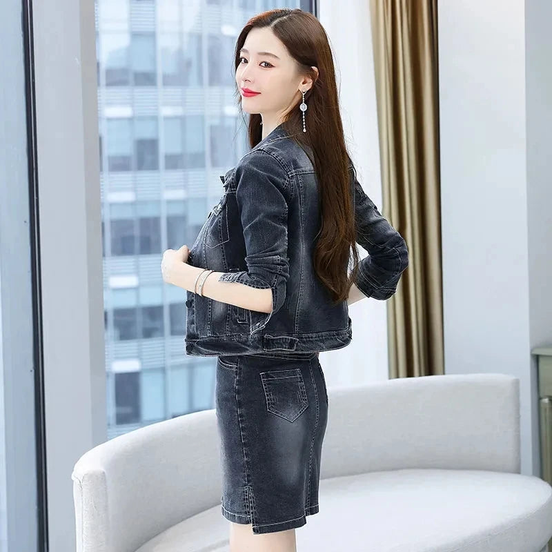 Black Denim Jacket Skirt Suit Spring Autumn Fashion Casual 2 Piece Set Women Short Jeans Coat And Denim Midi Skirts Women Outfit