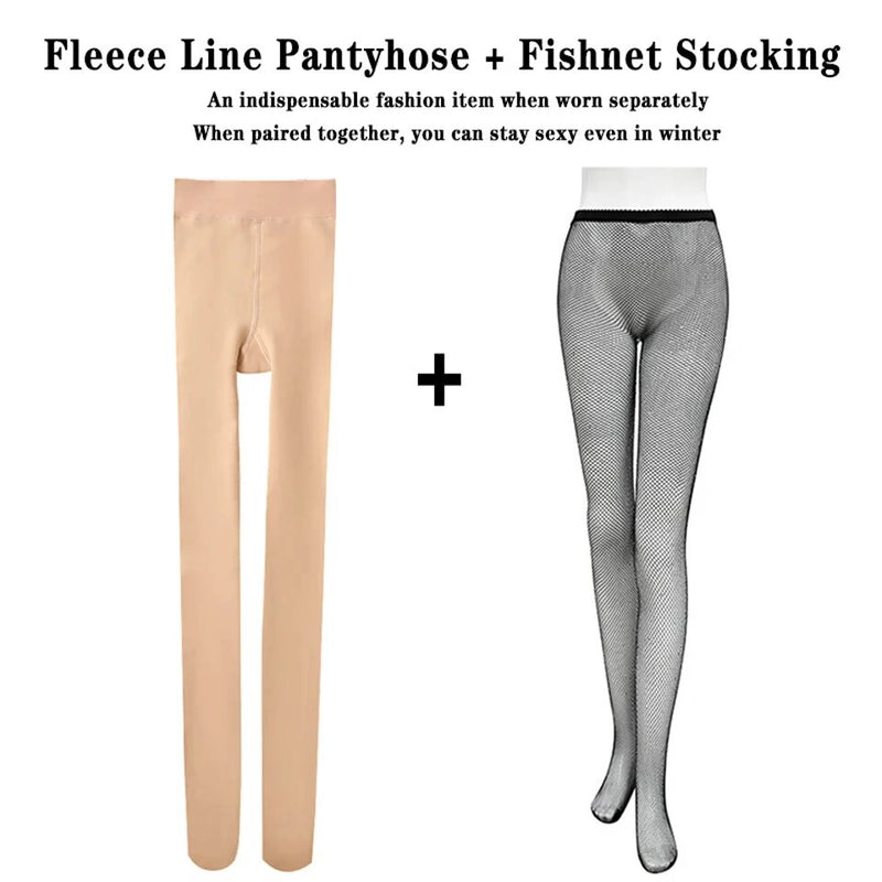 Sexy Womens Fleece Lined Tights Thermal Fishnet Pantyhose Female Winter Warm Tights Thick Fake Translucent Leggings Stockings