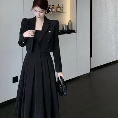 Autumn Korea Elegant Women Black Office Hepburn Suit Dress Casual Lapel  Blazer Coat Classic High Waist A Line  Pleated Dress