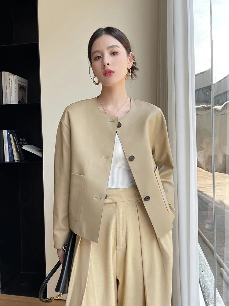 Elegant O-neck Genuine Leather Jacket for Women Spring Autumn 2024 Trend High-end Simple Casual Cropped Sheepskin Coat