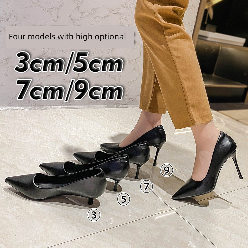 Hong Kong Style Trendy Brand Black Soft Leather Elegant Commuter High Heels