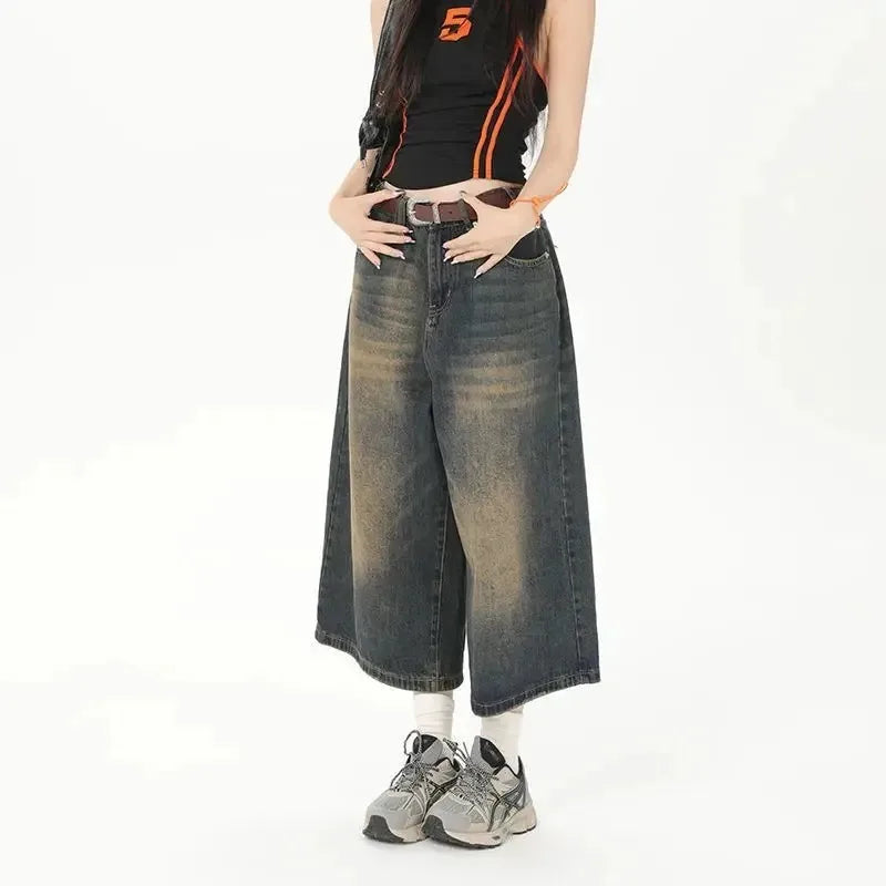 Women Y2k Style Baggy Denim Shorts Wide Leg Short Pants Fashion High Waisted Dark Wash Knee Length Loose Unisex Jeans Casual