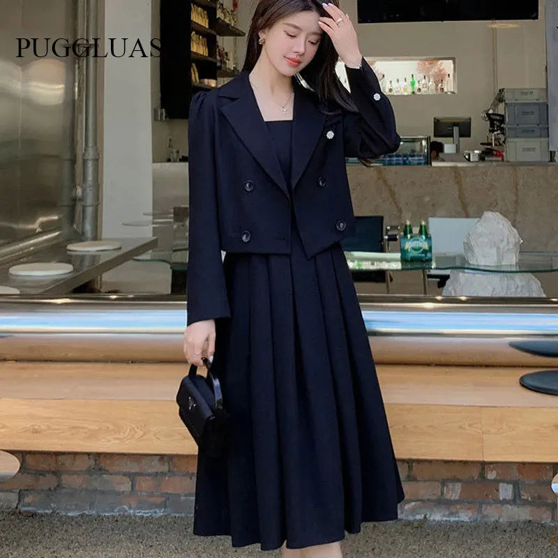 Autumn Korea Elegant Women Black Office Hepburn Suit Dress Casual Lapel  Blazer Coat Classic High Waist A Line  Pleated Dress