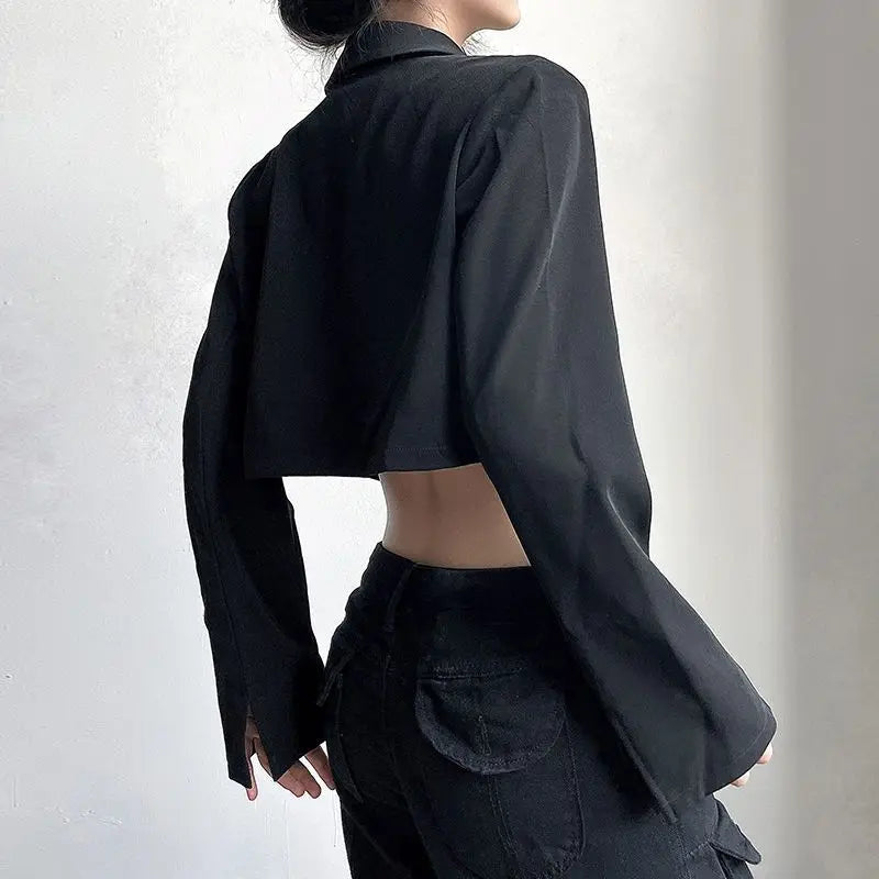 Cropped Black Blazer Women Long Sleeve Suit Jacket Buckle Belt Fashion Woman Blazer 2023 Casual Streetwear Short Jacket