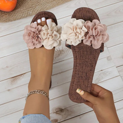 Women's Flower Flat Slippers 2024 Summer Plus Size Shoes New Square Toe Slides Shoes for Women Outdoor Casual Ladies Sandals