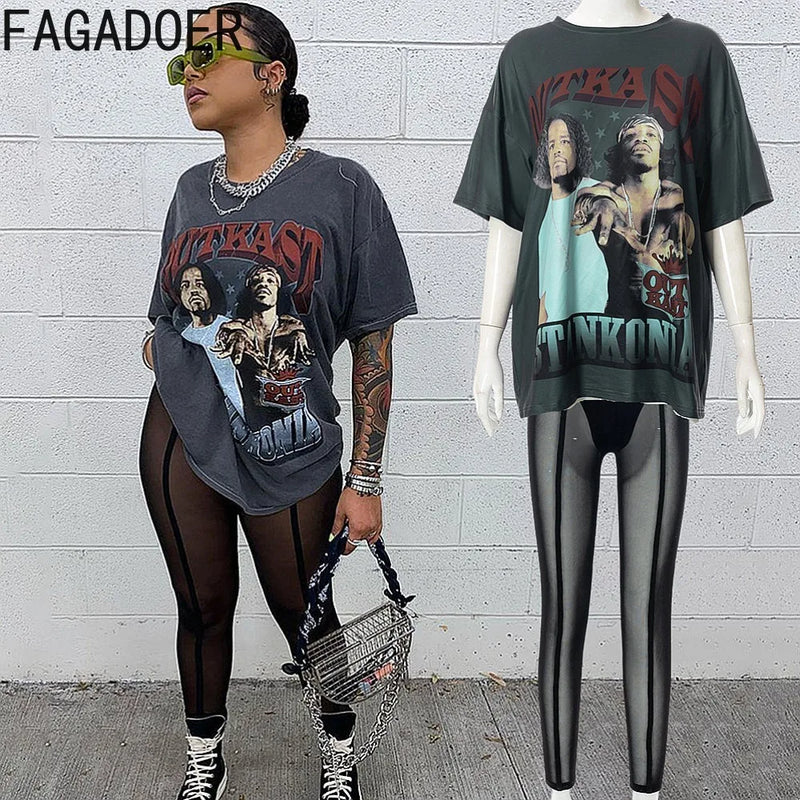 FAGADOER Y2k Baddie Print Street Two Piece Outfits Women Oversized Long Tshirt and See Through Leggings Suits Female Streetwear