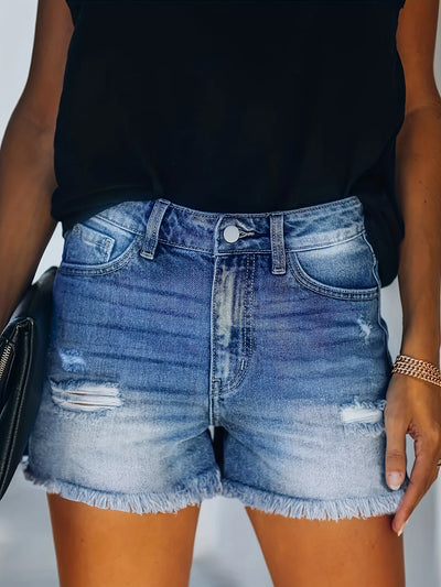 Blue Frayed Hem Denim Shorts, Ripped Holes Slash Pockets Short Denim Pants, Women's Denim Jeans & Clothing