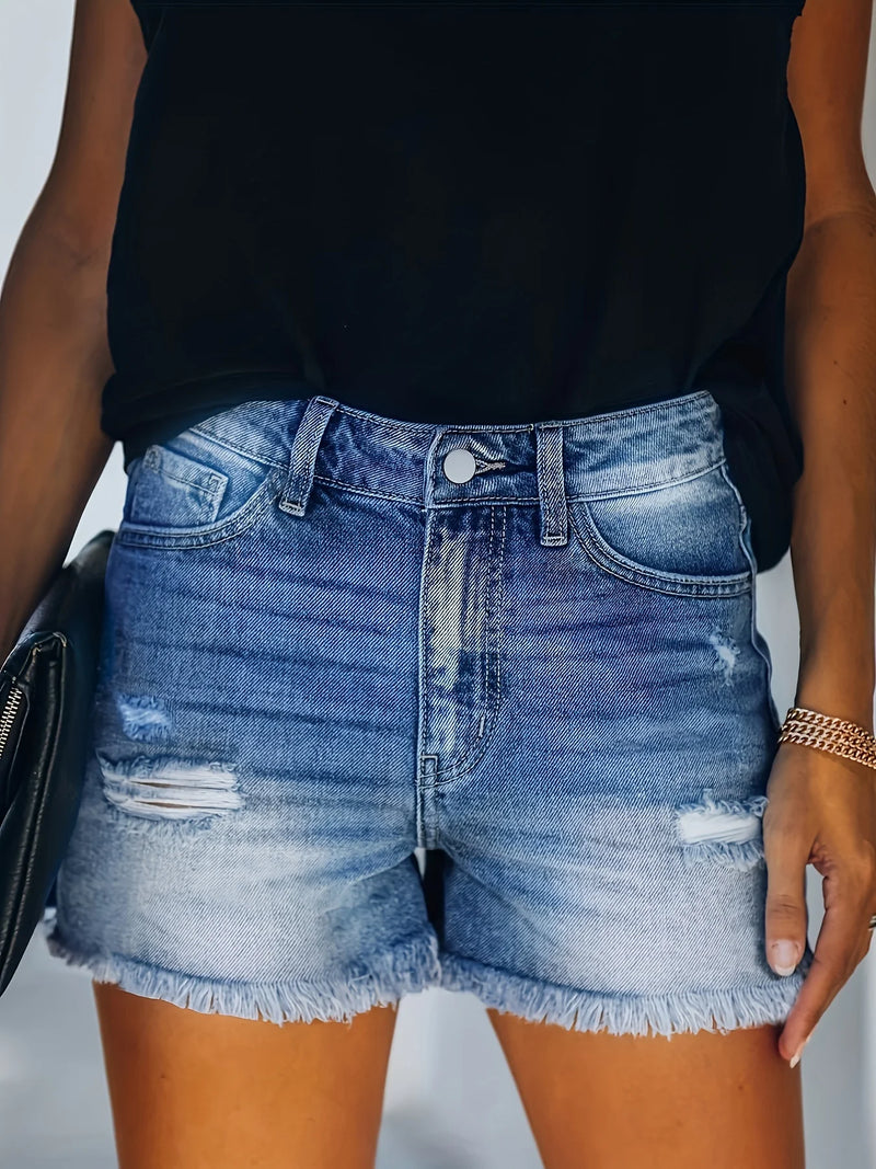 Blue Frayed Hem Denim Shorts, Ripped Holes Slash Pockets Short Denim Pants, Women&