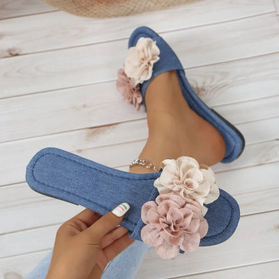 Women's Flower Flat Slippers 2024 Summer Plus Size Shoes New Square Toe Slides Shoes for Women Outdoor Casual Ladies Sandals