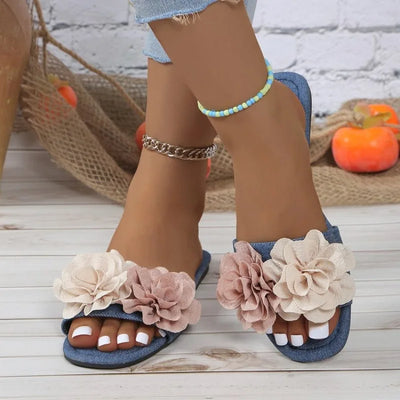 Women's Flower Flat Slippers 2024 Summer Plus Size Shoes New Square Toe Slides Shoes for Women Outdoor Casual Ladies Sandals