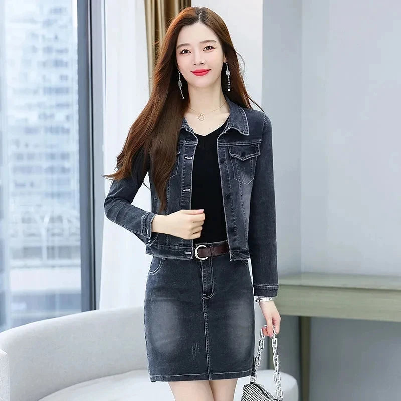 Black Denim Jacket Skirt Suit Spring Autumn Fashion Casual 2 Piece Set Women Short Jeans Coat And Denim Midi Skirts Women Outfit