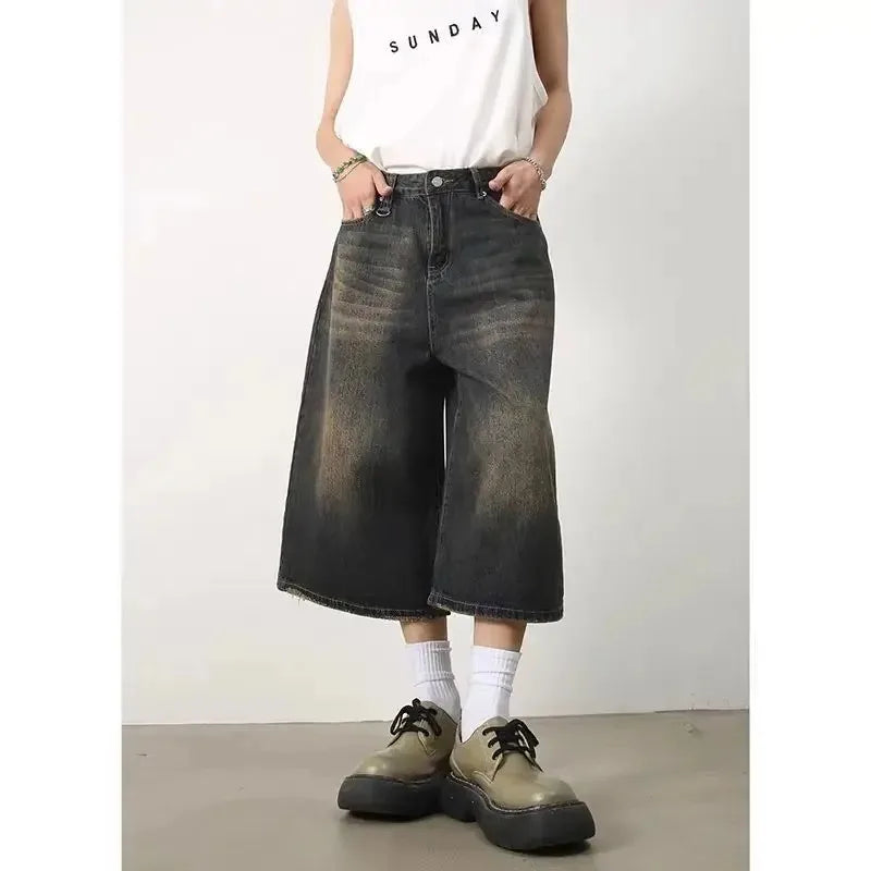 Women Y2k Style Baggy Denim Shorts Wide Leg Short Pants Fashion High Waisted Dark Wash Knee Length Loose Unisex Jeans Casual