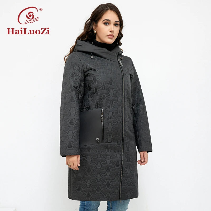 HaiLuoZi 2023 Autumn Women Jackets Plus Size Long Hooded Quilted Light weight Big pockets Bio-cotton Stylish Women&