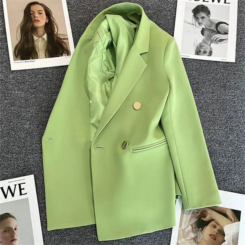 Chic Blazer Woman Autumn Spring Long Sleeve Double Breatsed Lapel Loose Coat Slim Casual Jackets Office Ladies Vintage Blazers