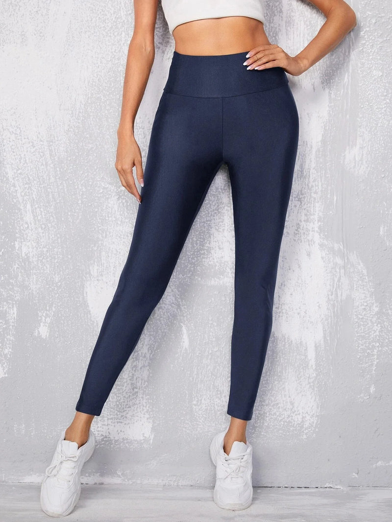 Euro-american Style Navy Blue Glossy Leggings High-waisted Solid Color Leggings High-stretch Slim-fit Nine-point Pants Woman