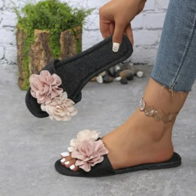 Women's Flower Flat Slippers 2024 Summer Plus Size Shoes New Square Toe Slides Shoes for Women Outdoor Casual Ladies Sandals