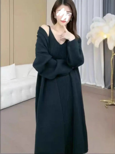 Korean two piece dress new autumn clothes 2023 Elegant Winter Knitted 2 Piece Set Women Long Cardigan Sweater Coat Suit Femme