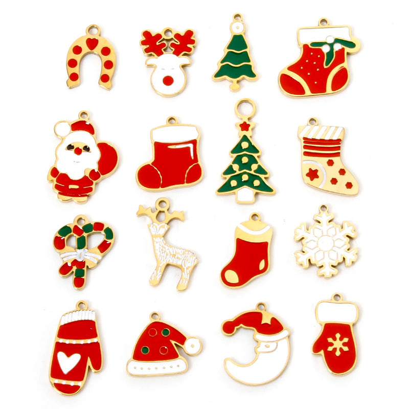 1pc Christmas Stainless Steel Charms Gold Color Christmas Elk Santa Claus Multicolor Enamel Pendant DIY Women Necklace Jewelry