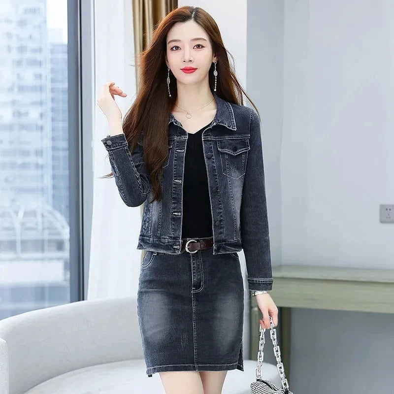 Black Denim Jacket Skirt Suit Spring Autumn Fashion Casual 2 Piece Set Women Short Jeans Coat And Denim Midi Skirts Women Outfit