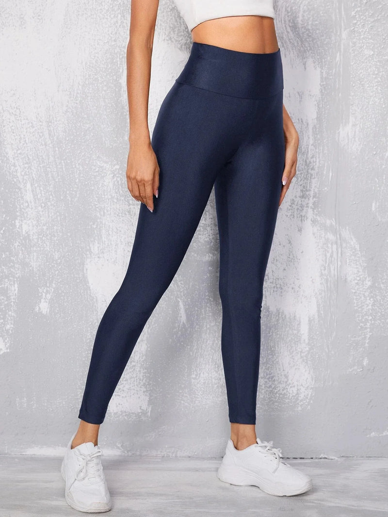 Euro-american Style Navy Blue Glossy Leggings High-waisted Solid Color Leggings High-stretch Slim-fit Nine-point Pants Woman