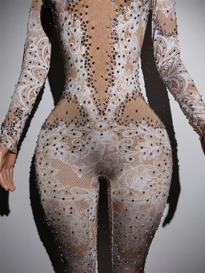 Fashion Rhinestones Jumpsuit Stretch Leggings Sexy Costume Woman Nightclub Party Wear Dance Bodysuit Fashion Rompers Xiaobai