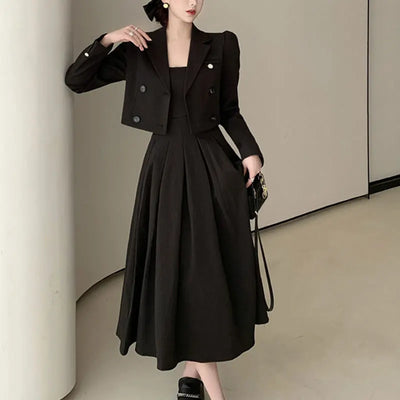 Autumn Korea Elegant Women Black Office Hepburn Suit Dress Casual Lapel  Blazer Coat Classic High Waist A Line  Pleated Dress