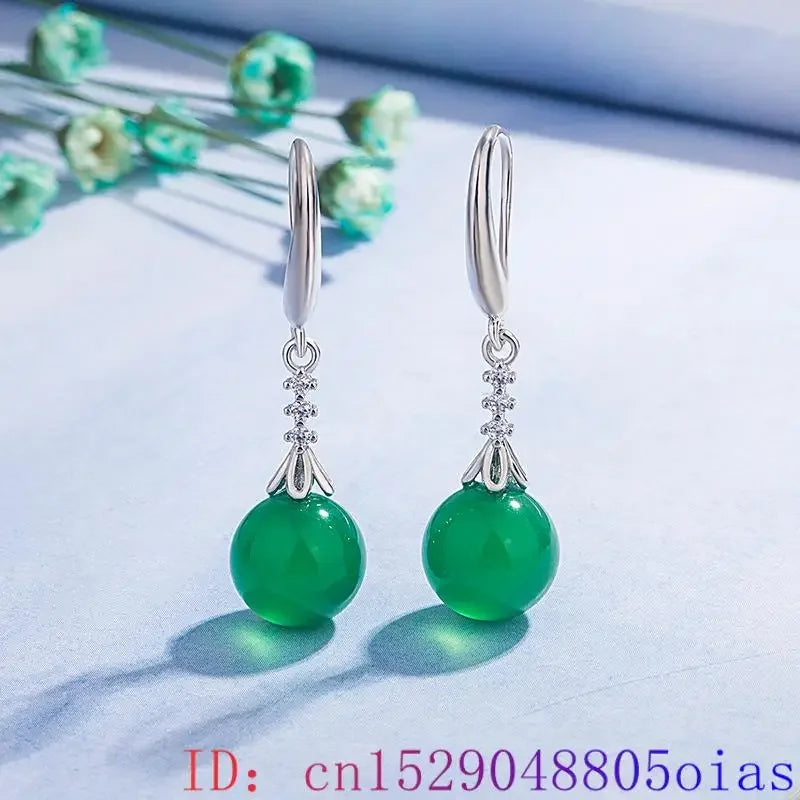 Green Real Jade Bead Earrings Gemstone Luxury Gift Amulet Charm Fashion Carved Vintage Women Natural Jewelry 925 Silver