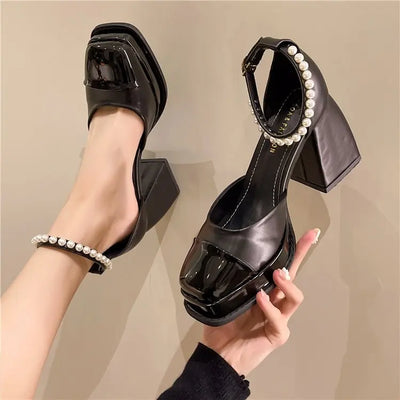 Women heels platform shoes Mary Jane Shoes for Women 2024 Chunky heels Buckle Strap Pumps Woman Thick Bottom pearl sandals