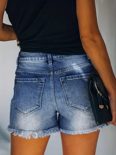 Blue Frayed Hem Denim Shorts, Ripped Holes Slash Pockets Short Denim Pants, Women's Denim Jeans & Clothing