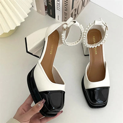 Women heels platform shoes Mary Jane Shoes for Women 2024 Chunky heels Buckle Strap Pumps Woman Thick Bottom pearl sandals