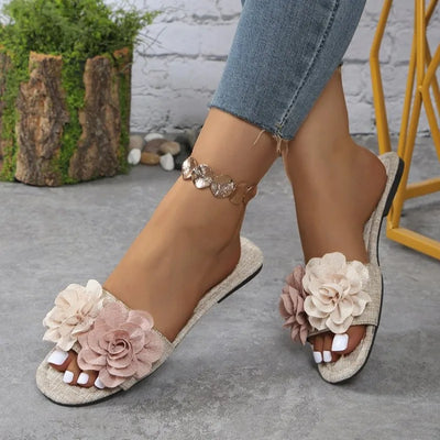 Women's Flower Flat Slippers 2024 Summer Plus Size Shoes New Square Toe Slides Shoes for Women Outdoor Casual Ladies Sandals