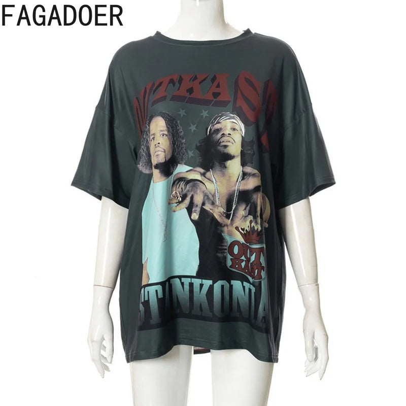 FAGADOER Y2k Baddie Print Street Two Piece Outfits Women Oversized Long Tshirt and See Through Leggings Suits Female Streetwear