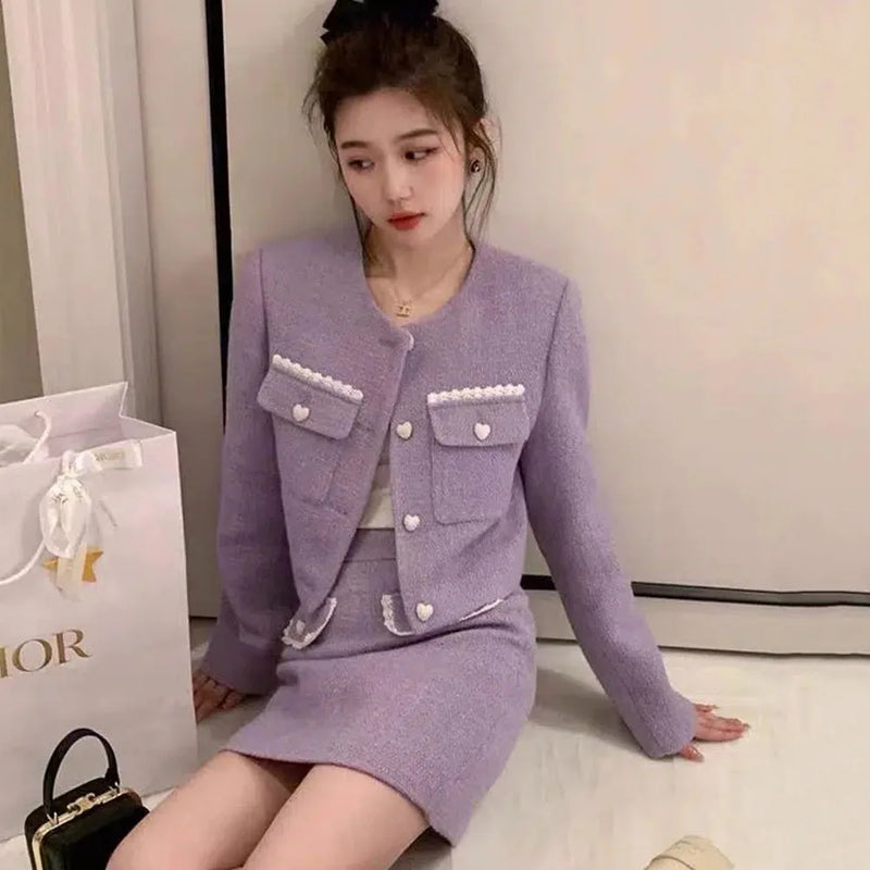 High Quality Jacket Skirt Two Piece Set Women Short O-neck Coat + High Waist Mini Skirt Suits Korean Fashion Sweet 2 Piece Sets