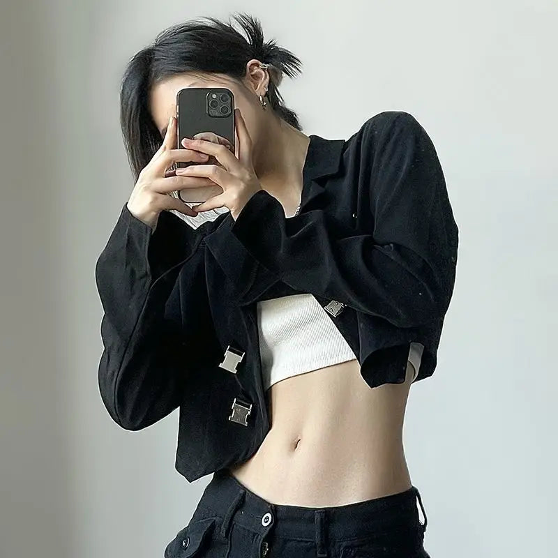 Cropped Black Blazer Women Long Sleeve Suit Jacket Buckle Belt Fashion Woman Blazer 2023 Casual Streetwear Short Jacket