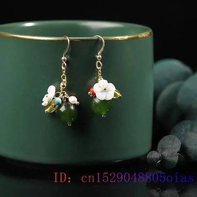 Green Jade Flower Earrings Natural Amulet Crystal Gemstone Gifts Zircon Jewelry 925 Silver Women Charm Chalcedony Fashion