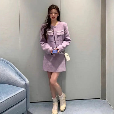 High Quality Jacket Skirt Two Piece Set Women Short O-neck Coat + High Waist Mini Skirt Suits Korean Fashion Sweet 2 Piece Sets