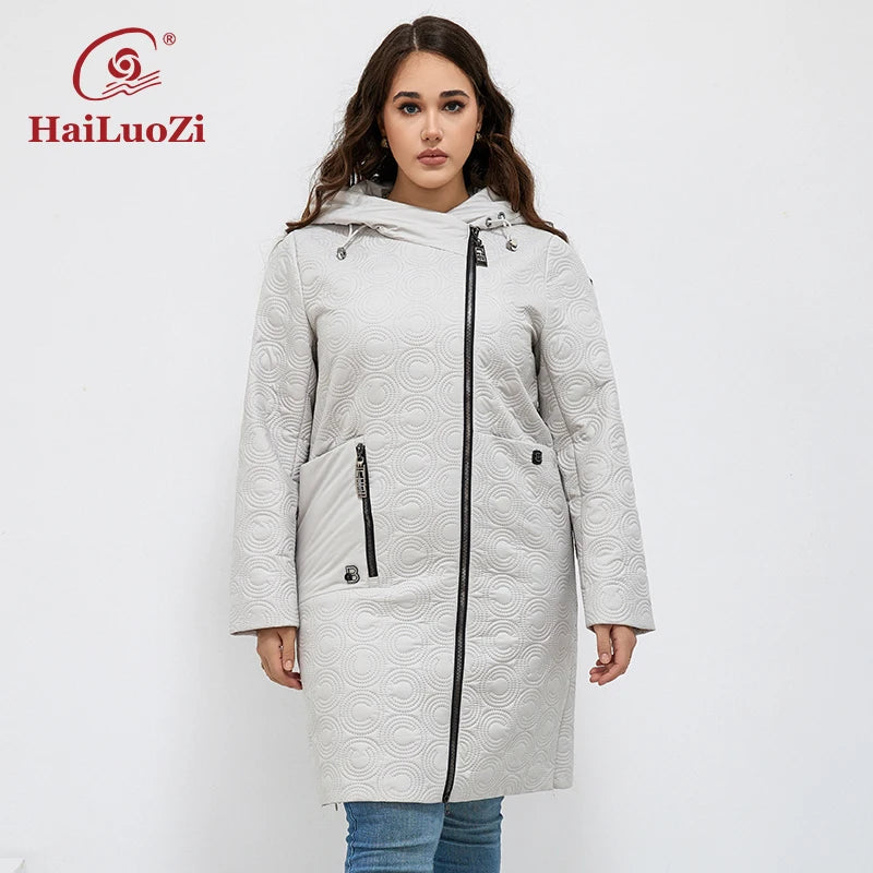 HaiLuoZi 2023 Autumn Women Jackets Plus Size Long Hooded Quilted Light weight Big pockets Bio-cotton Stylish Women&