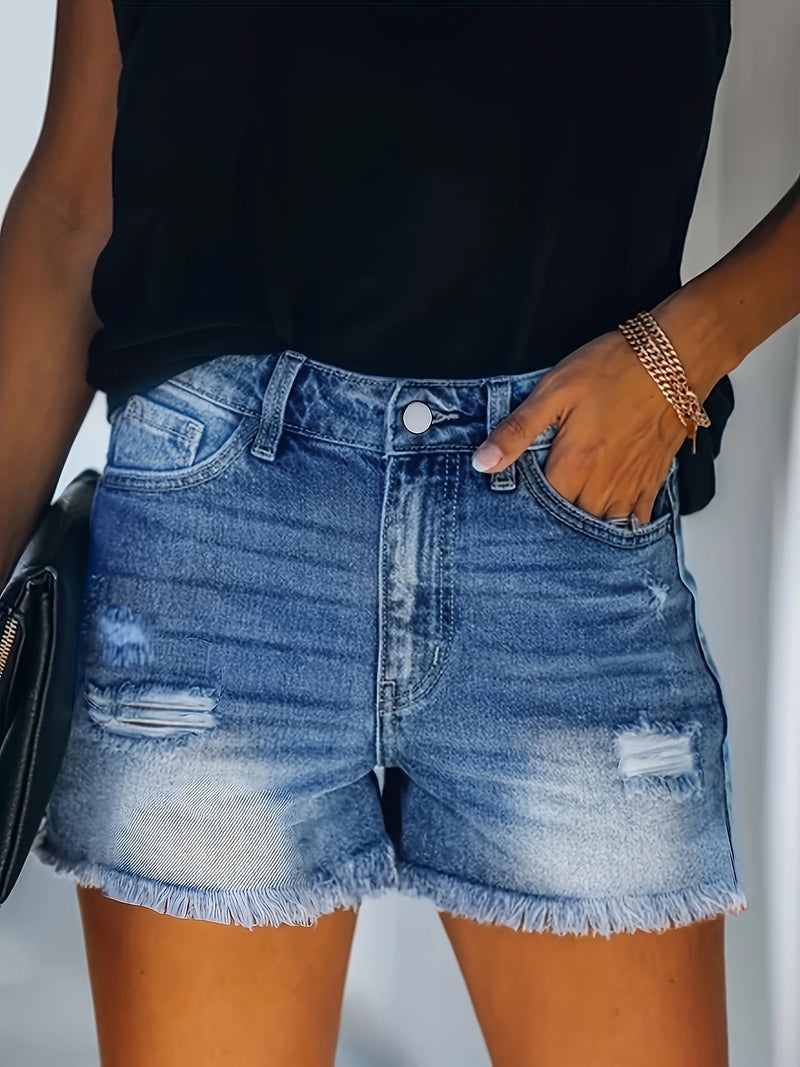 Blue Frayed Hem Denim Shorts, Ripped Holes Slash Pockets Short Denim Pants, Women&