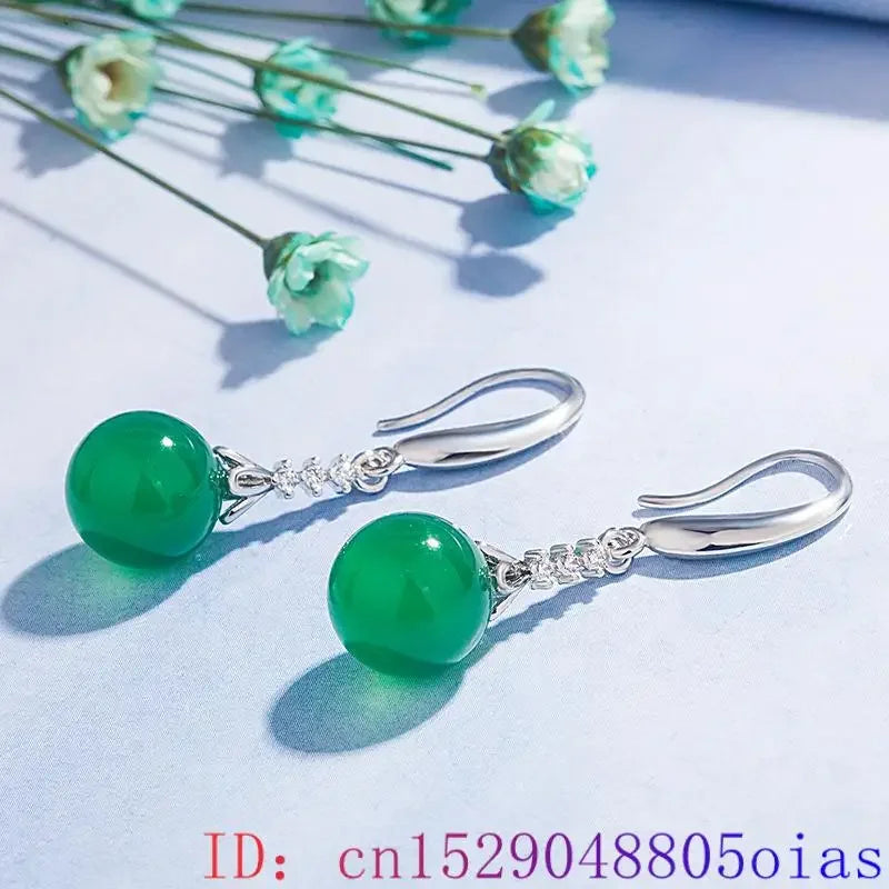 Green Real Jade Bead Earrings Gemstone Luxury Gift Amulet Charm Fashion Carved Vintage Women Natural Jewelry 925 Silver